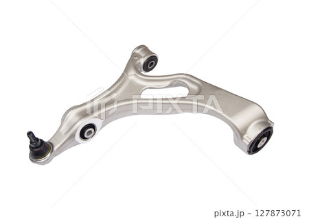 Independent car wheel suspension arm isolated on white background. The suspension arm is a spare part of the car. Independent car wheel suspension arm isolated on white background. The suspension arm is a spare part of the car. 127873071