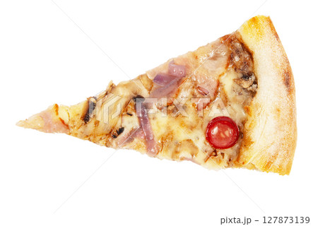 Delicious classic italian Pizza with spicy sausages, pepper, onion and cheese isolated on white background 127873139