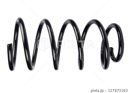 Car spare part. Large metal spring on white background. cushioning spring over white background, auto spare parts. automotive suspension springs 127873163