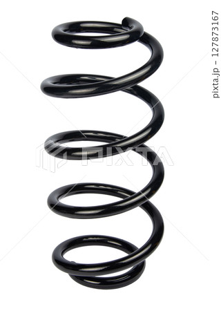 Car spare part. Large metal spring on white background. cushioning spring over white background, auto spare parts. automotive suspension springs Car spare part. Large metal spring on white background. cushioning spring over white background, auto spare parts. automotive suspension springs 127873167