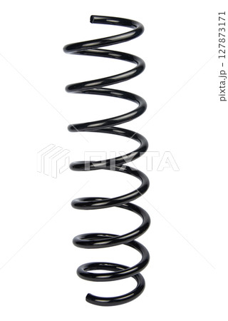 Car spare part. Large metal spring on white background. cushioning spring over white background, auto spare parts. automotive suspension springs Car spare part. Large metal spring on white background. cushioning spring over white background, auto spare parts. automotive suspension springs 127873171