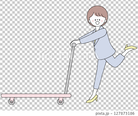 一位身著西裝的女士推著購物車跑步的插圖 一位身著西裝的女士推著購物車跑步的插圖 127873186