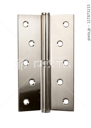 Door hinges made of metal on a white isolated background. Hinges for doors of a room, apartment, office, warehouse and other premises. Fastening for doors on the frame and on the wall. Door hinges made of metal on a white isolated background. Hinges for doors of a room, apartment, office, warehouse and other premises. Fastening for doors on the frame and on the wall. 127873215