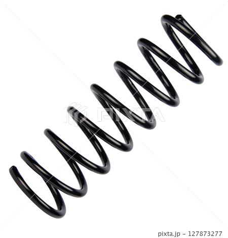 Car spare part. Large metal spring on white background. cushioning spring over white background, auto spare parts. automotive suspension springs on a white background Car spare part. Large metal spring on white background. cushioning spring over white background, auto spare parts. automotive suspension springs on a white background 127873277