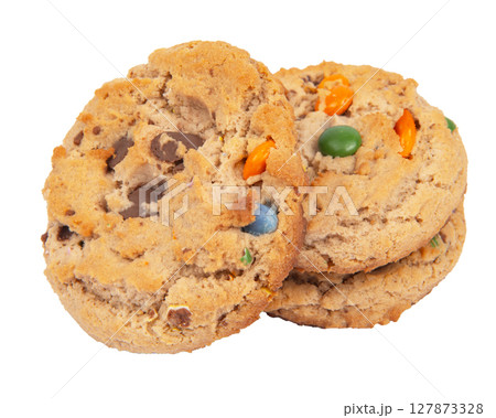 Sweet cookies with colorful candies isolated on white background. Sweet cookies with colorful candies isolated on white background. 127873328