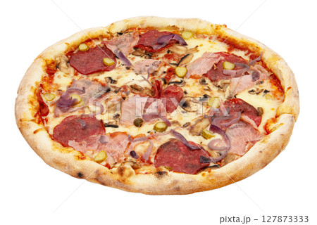 Delicious classic italian Pizza Pepperoni with sausages and cheese mozzarella. Fresh italian classic original pepperoni pizza isolated on white background. 127873333