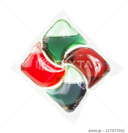Washing multicolor gel liquid powder capsule isolated on the white background 127873562