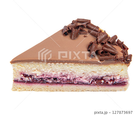 Slice of classic cheesecake isolated on white background. 127873697