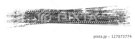 Grunge tire tracks with mud splatters, dirty wheel braking marks. Truck, car, or motorcycle tread pattern silhouettes. Perfect for off-road, motorsport, and racing designs. Vector illustration 127873774