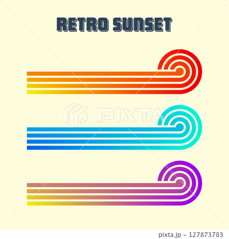 Vintage colorful sunset. Various gradient striped sunrise badges in 80s and 90s style. Sun and ocean view, summer vibes, surfing. Design element for print, logo or t-shirt. Vector illustration Vintage colorful sunset. Various gradient striped sunrise badges in 80s and 90s style. Sun and ocean view, summer vibes, surfing. Design element for print, logo or t-shirt. Vector illustration 127873783