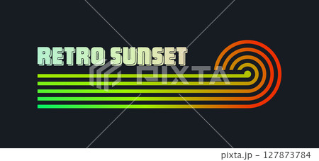Vintage colorful sunset. Various gradient striped sunrise badges in 80s and 90s style. Sun and ocean view, summer vibes, surfing. Design element for print, logo or t-shirt. Vector illustration Vintage colorful sunset. Various gradient striped sunrise badges in 80s and 90s style. Sun and ocean view, summer vibes, surfing. Design element for print, logo or t-shirt. Vector illustration 127873784