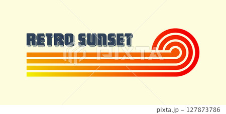 Vintage colorful sunset. Various gradient striped sunrise badges in 80s and 90s style. Sun and ocean view, summer vibes, surfing. Design element for print, logo or t-shirt. Vector illustration Vintage colorful sunset. Various gradient striped sunrise badges in 80s and 90s style. Sun and ocean view, summer vibes, surfing. Design element for print, logo or t-shirt. Vector illustration 127873786