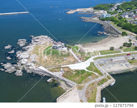 「青森県」ドローンでウミネコ繁殖地、蕪島付近を空撮 種差海岸 「青森県」ドローンでウミネコ繁殖地、蕪島付近を空撮 種差海岸 127873798