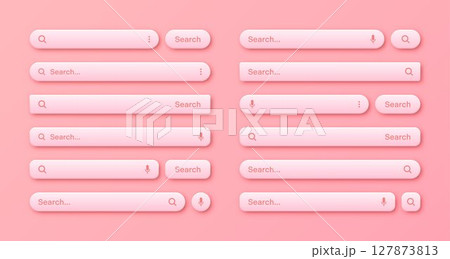 Colorful 3d search bar templates. Internet browser engine with search box, address bar and text field. UI design, website interface element with web icons and push button. Vector illustration 127873813