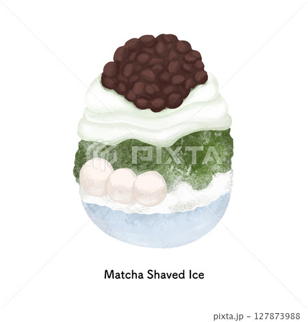 あずきが乗った抹茶クリームのかき氷 線画のイラスト あずきが乗った抹茶クリームのかき氷 線画のイラスト 127873988
