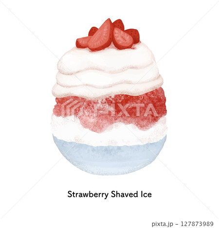 いちごが乗ったクリームのかき氷　色鉛筆タッチのイラスト 127873989