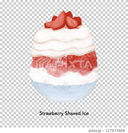 いちごが乗ったクリームのかき氷　色鉛筆タッチのイラスト 127873989