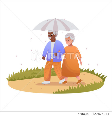 Cute elderly couple walking in the rain together. Happy seniors spending time outdoors together 127874074