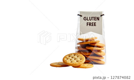 A simple pouch contains delicious gluten free crackers with sesame, showcasing a clear ribbon label that highlights their gluten free characteristic. Perfect for snack time. 127874082