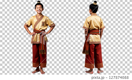 A young man proudly displays a traditional Thai outfit in two distinct poses, highlighting the intricate design and color scheme of Thai culture. The ensemble reflects cultural heritage. 127874088