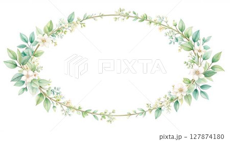 ミントの葉とアイボリーの花の柔らかな水彩ガーランドのコーナーフレームミントの葉とアイボリーの花の柔ら 127874180