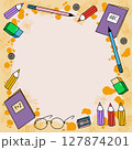 School frame, office supplies line set, paper notebook , education background, contour drawing pattern. Stationery illustration 127874201