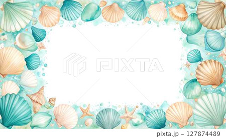 アクアとサンド色の海の泡と貝殻のシルエットで描かれた淡い水彩フレーム アクアとサンド色の海の泡と貝殻のシルエットで描かれた淡い水彩フレーム 127874489