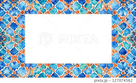 淡いサファイアとテラコッタのモロッコタイル模様のミニマル水彩枠 127874562