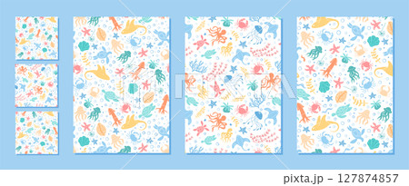 Seamless marine life pattern with aquatic creatures in flat cartoon graphic style set. Underwater sea and ocean elements include fish, coral, and jellyfish. Perfect decorative set for marine 127874857