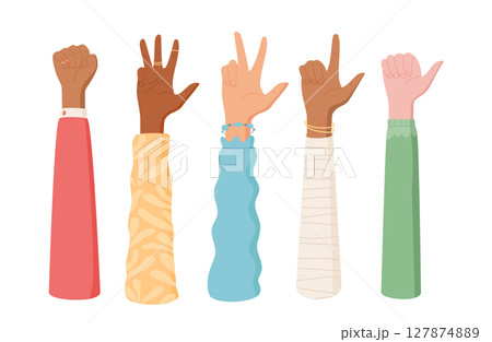 Cartoon hand count gesture set in vibrant sleeves. Graphic depiction of fingers counting numbers. Diverse people illustration, flat style, ideal for educational use. Cartoon hand count gesture set in vibrant sleeves. Graphic depiction of fingers counting numbers. Diverse people illustration, flat style, ideal for educational use. 127874889