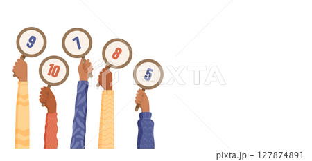 Hands hold cartoon rating signs with numbers. Feedback and evaluation are shown in a creative way. Modern review concept for customer surveys and opinion on performance, grade, satisfaction. 127874891