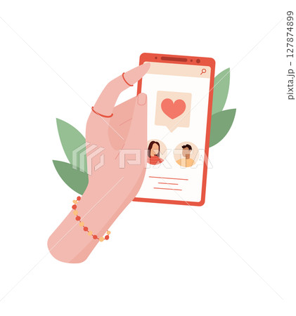 A hand holds a phone with dating app. Mobile device displays an online chat interface. User interacts with social features, flat design style, useful for lifestyle and technology concepts. A hand holds a phone with dating app. Mobile device displays an online chat interface. User interacts with social features, flat design style, useful for lifestyle and technology concepts. 127874899