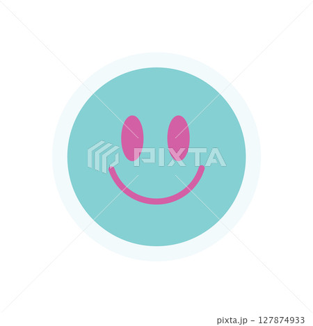 Cute smile emoji sticker. Fun expression in a retro aesthetic. Modern element of 90s design, abstract shape, y2k vibe. Ideal for decoration, playful graphic collection, or trendy streetwear. 127874933