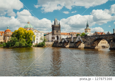 Boat Tour on Vltava river under Charles Bridge, Prague. Praha, old european city 127875160