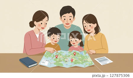 次の旅行はどこへ？家族でワクワクしながら旅の計画 127875306