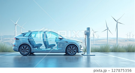 Electric car charging at renewable energy station, showcasing solar and wind power's role in sustainable, clean mobility 127875356