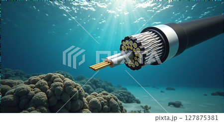 Close-up of an underwater fiber optic cable, connecting continents across oceans, enabling global internet and data transmission 127875381
