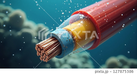 Close-up of an underwater fiber optic cable, connecting continents across oceans, enabling global internet and data transmission 127875386