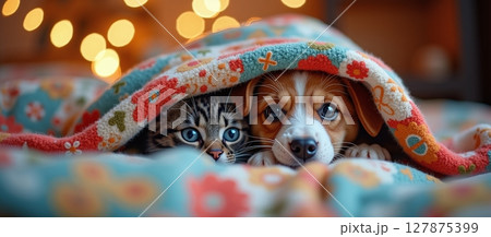 Two pets cuddle under a blanket, peeking out in fear from the loud fireworks and noise of New Year's Eve celebrations 127875399