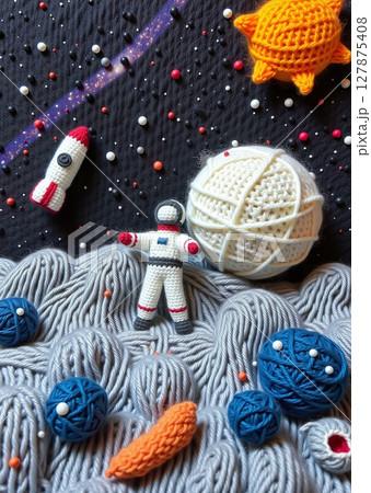 A whimsical knitted wool scene of a playful astronaut exploring lunar craters under starry skies, crafted with childlike imagination. 127875408