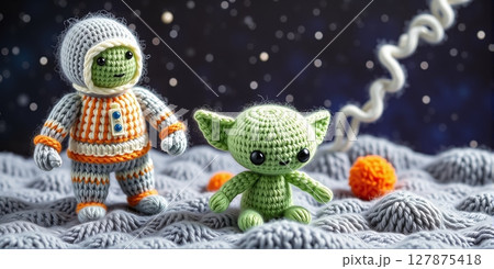 A whimsical knitted wool scene of a playful astronaut exploring lunar craters under starry skies, crafted with childlike imagination. 127875418