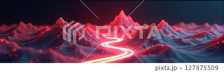 A glowing topographic landscape features high mountains, deep valleys, and winding roads, all set against a dark background 127875509