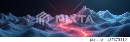 A glowing topographic landscape features high mountains, deep valleys, and winding roads, all set against a dark background 127875510
