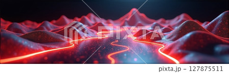 A glowing topographic landscape features high mountains, deep valleys, and winding roads, all set against a dark background 127875511