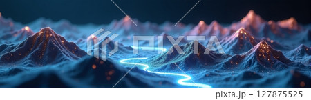 A glowing topographic landscape features high mountains, deep valleys, and winding roads, all set against a dark background 127875525