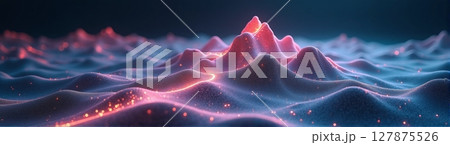 A glowing topographic landscape features high mountains, deep valleys, and winding roads, all set against a dark background 127875526