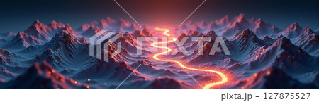 A glowing topographic landscape features high mountains, deep valleys, and winding roads, all set against a dark background 127875527
