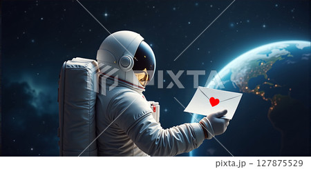 Suspended in cosmic silence, an astronaut cradles a love letter to Earth, her fragile beauty reflected in his eyes of hope and protection 127875529