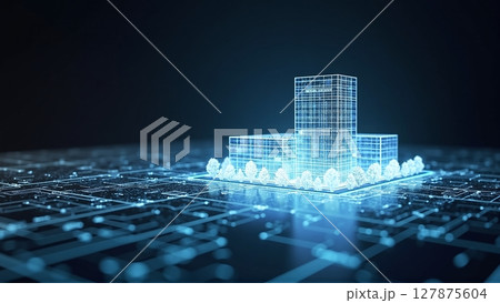 Glowing lines form a futuristic building blueprint, showcasing visualization of innovative architectural design and cutting-edge technology Glowing lines form a futuristic building blueprint, showcasing visualization of innovative architectural design and cutting-edge technology 127875604