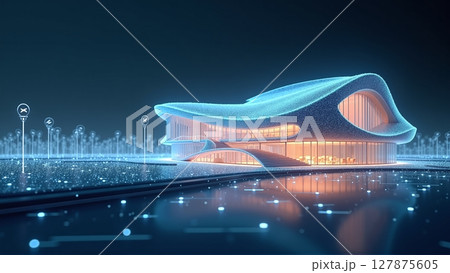 Glowing lines form a futuristic building blueprint, showcasing visualization of innovative architectural design and cutting-edge technology 127875605